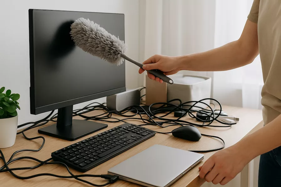 “Skrivbord med dator, kablar och elektronik rengörs med dammvippa – symboliserar städning i hem med mycket teknik och behov av dammfri arbetsmiljö”
